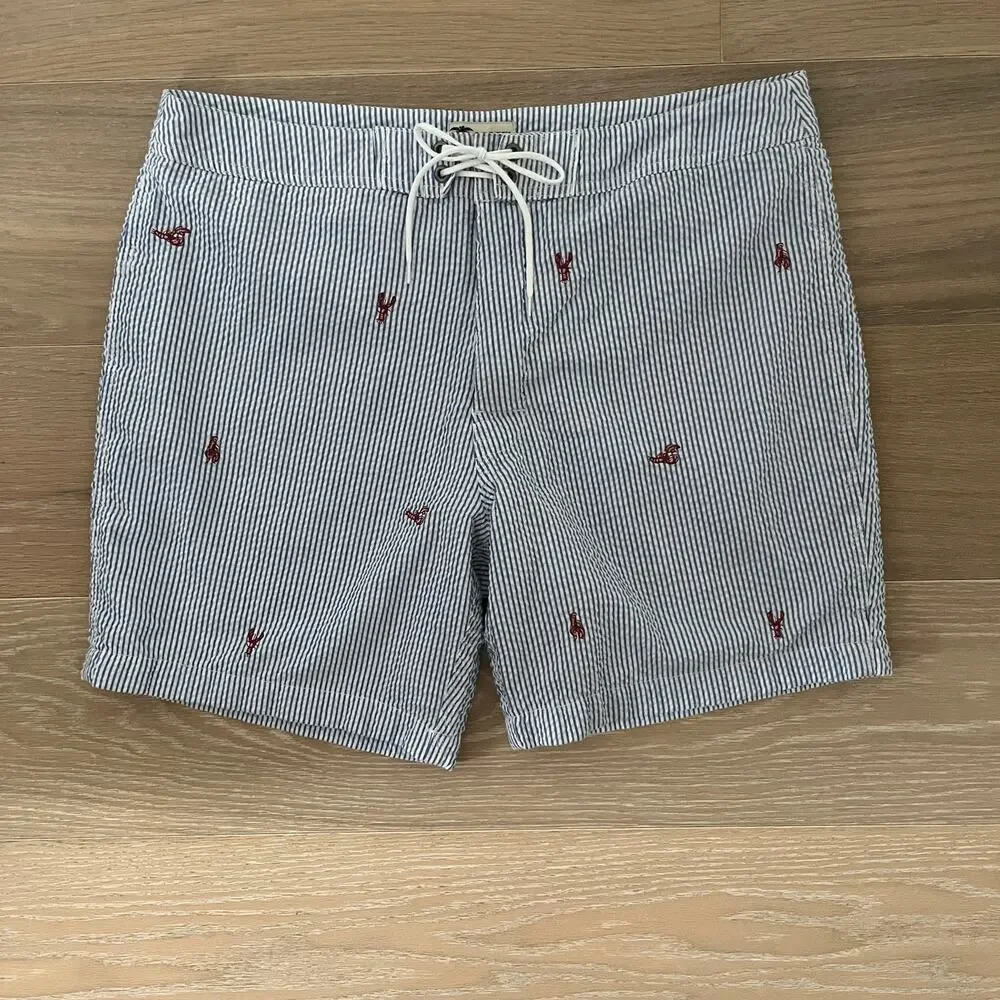 J Crew Mens Swim Shorts Seersucker Striped Lobster embroidered 7
